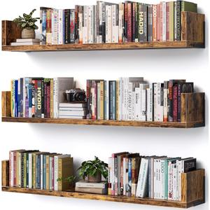 VMROF Wall Bookshelf, Set of 3, 36 Inches U Shaped Wall Shelves, Long Deep Floating Shelves, Large Floating Book Shelves - Wood Hanging Bookshelves for Kitchen, Bedroom
