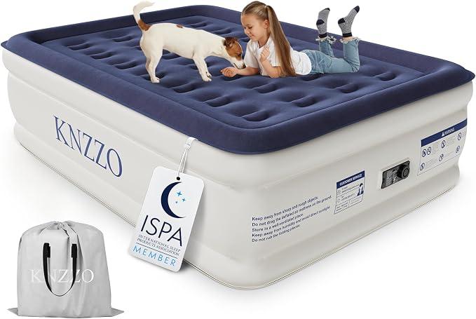 KNZZO Air Mattress Full with Built-in Pump, Blow Up Mattress with Soft Flocked Top, Leakproof Inflatable Mattress, Foldable Waterproof Air Bed for Home, Guests, Camping, with Storage Bag