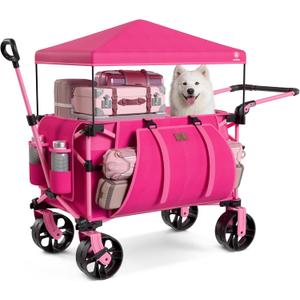 EVER ADVANCED Folding Push Wagon with Canopy, Portable Shopping Cart with Brakes, Collapsible Wagon Cart with All-Terrain Big Wheels for Camping, Beach, Sports