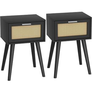 LAATOOREE Nightstand Set of 2, Small End Table with Rattan Door, Bedside Table with Solid Wood Feet, Boho Side Table for Bedroom Living Room Small Space, Black