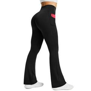 PRETISKY Womens Flared Yoga Pants with Pockets, High Waisted Flare Leggings Bell Bottom Bootcut Yoga Dress Pants Black