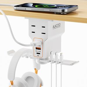 Gaming Headphone Stand with Charging Station - Aluminum Hooks Headphone Holder, Under Desk Headset Stand, 3 USB & AC Outlet, Surge Protector & Cable Organizer, Gift for Girl/Men (White)