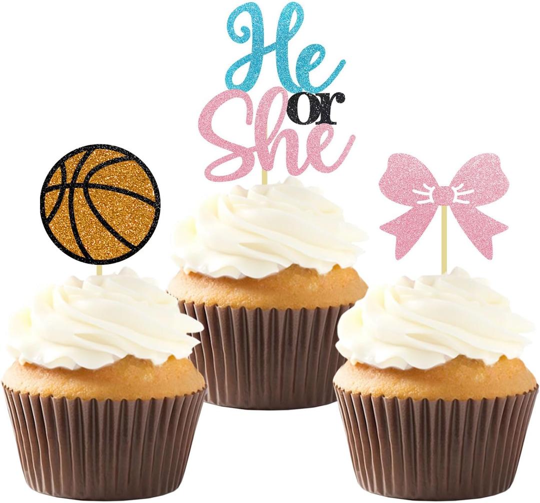 24PCS Basketball He or She Cupcake Toppers, Boy or Girl Gender Reveal Cupcake Toppers for Basketball Baby Shower Decorations