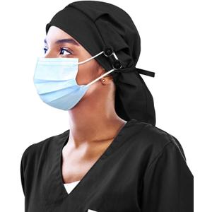 Satin Lined Work Cap with Button for Long Hair Women (Black)