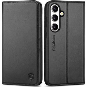 SHIELDON Wallet Case for Galaxy S25+ Plus 6.7", Genuine Leather Folio Design Kickstand RFID Blocking Card Holder Magnetic Full Protection Phone Cover Compatible with Galaxy S25+ 2025 - Black