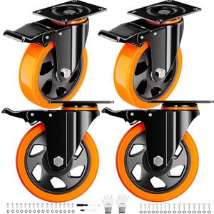 4 Inch Caster Wheels Heavy Duty 2200Lbs, Casters Set of 4 with Safety Dual Locking, Swivel Industrial Plate Casters, No Noise Wheels for Cart, Furniture(Bonus of 2 Hardware Kits & Gloves)