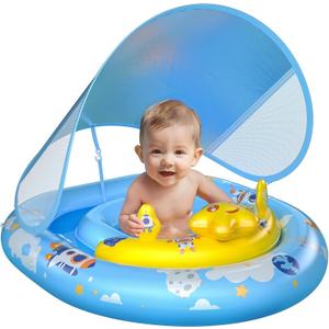 WayEee Baby Pool Float with UPF50+ Canopy - Inflatable Swim Float, Adjustable Safety Seat, Toy Play Console, Sun Protection for Baby 6-36 Months, Infant, Todder Summer Gift, Pool, Bathtub, Beach (Blue)
