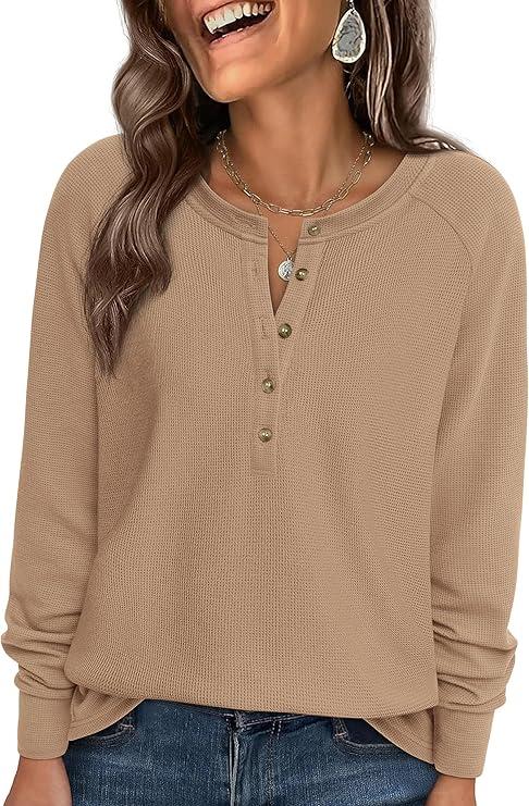 PRETTYGARDEN Women Long Sleeve Waffle Knit Shirts 2026 Fall Casual Button V Neck Loose Henley Tops Basic Tees Winter Clothes, M