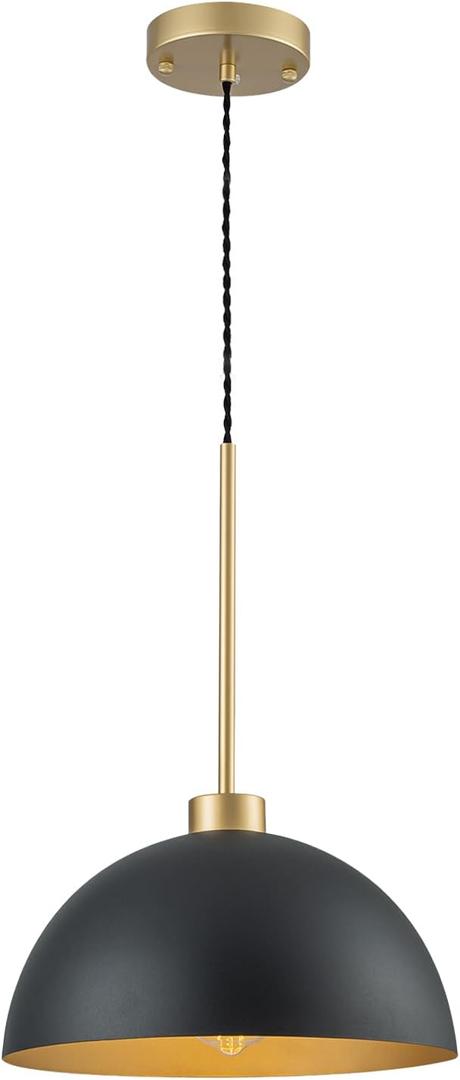 12 Inch Black and Gold Dome Pendant Light, Farmhouse Kitchen Island Lighting, Industrial Light Fixture for Dining Room Entryway Hallway, Height Adjustable