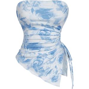Women's Floral Asymmetrical Hem Strapless Tops Ruched Drawstring Split Side Bandeau Tube Top (Medium, Blue)