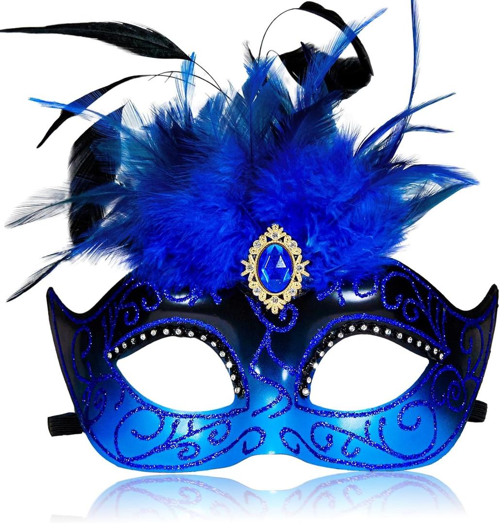 2025 Masquerade Mask for Women with Feathers - Venetian Masquerade Mask for Carnival Ball, Mardi Gras, Prom (Blue)