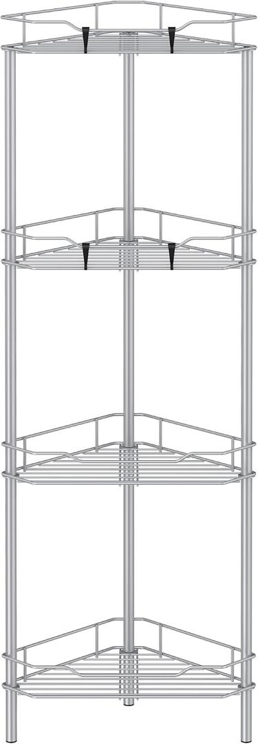 HuggieGems 4 Tier Floor Standing Corner Shower Caddy Organizer Shelf with Hooks, Bathroom Shelves Stand Rack, Silver