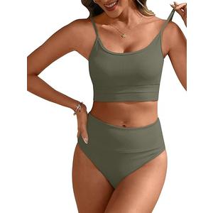 ANRABESS Women’s High Waisted Bikini Sets,Color Block 2 Piece Swimsuits,Tummy Control Bathing Suits,Thick Ribbed Beach Wear, M, Army Green