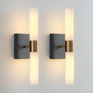 KUZZULL Wall Sconces Set of Two Black and Brass Wall Lights with White Frosted Glass Shade Modern Wall Lamp for Bathroom Living Room Indoor Vanity Up and Down Sconces Wall Lighting for Hallway