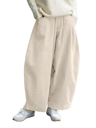 CHARTOU Women Corduroy Barrel Pants Wide Leg Vintage Mid Rise Y2k Baggy Boyfriend Pants (Large, Cream)