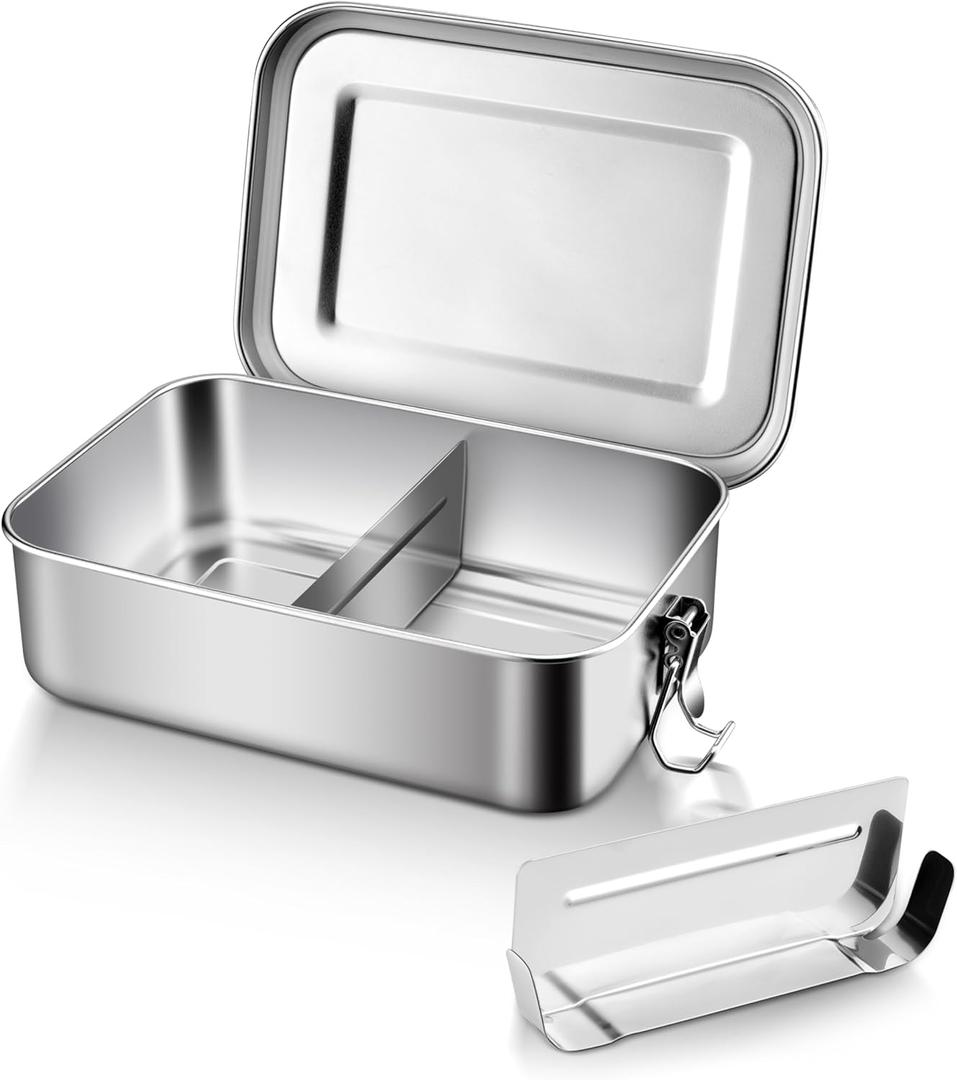 E-far Stainless Steel Bento Box, Medium 850ml Metal Bento Lunch Box Container, 28oz Leak-Proof Lunch Container with Lids and 2 Removable Dividers, Reusable Meal Storage for Camping Picnic Travel Work