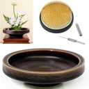 Japanese Classical Ikebana Vase Kit, Minimalist Ceramics Flower Pot Flower Shallow Container with 2.4inch Flower Frog and 2-in-1 Flower Arrangement Kenzan Needle Straightening Tool (Glaze Color)