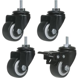 ZIIYAN 1.5 inch Stem Caster Wheels, Black Threaded Stem Caster WheelM6 x 15mm PU No Noise Swivel Castors with 360 Degree Rotation, Pack of 4 (One with Brake)