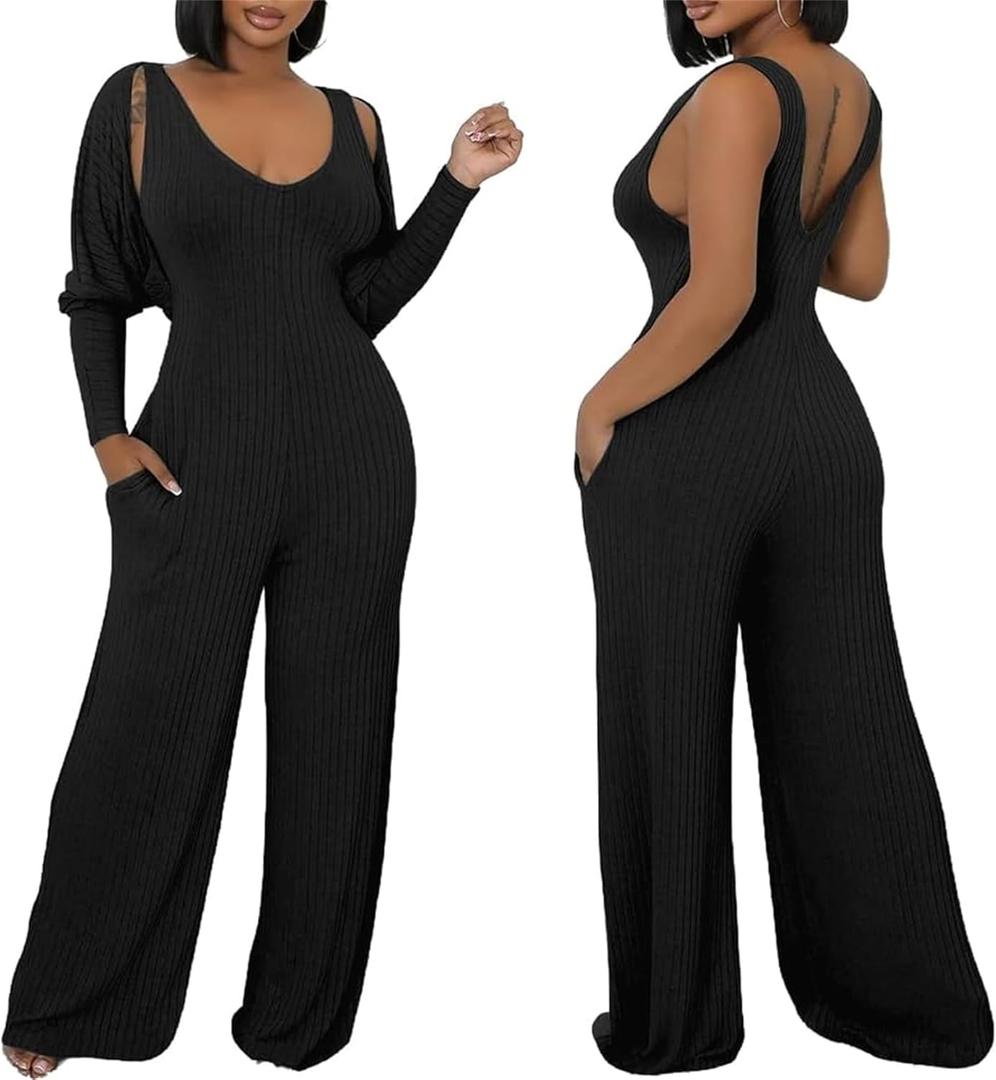 Women's Casual 2 Piece Outfits Ribbed Knitted Batwing Long Sleeve Cardigan Tank Wide Leg Jumpsuits Sets With Pocket (Black) S
