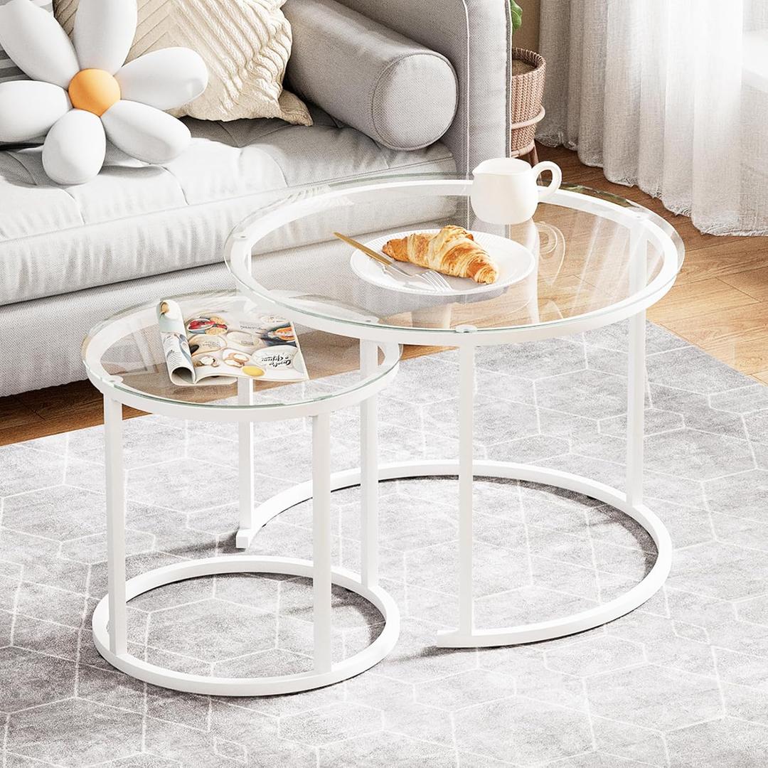 aboxoo White Nesting Glass Table Set of 2, Small Glass Round Nesting Tables for Living Room Bedroom, Accent Tea Table with Metal Frame Modern Industrial Simple, round, 23.6-inch diameter x 17.7-inch height