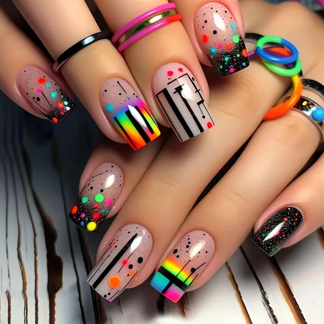 Colorful Pattern Press on Nails Gradient Design Fake Nails Medium Square Full Cover Acrylic Glue on Nail Glossy Artificial Stick on Nail for Women Manicure