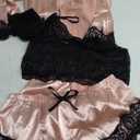 WDIRARA Women' Silk Satin Pajamas Set 4pcs Lingerie Floral Lace Cami Sleepwear with Robe (Large, Pink)