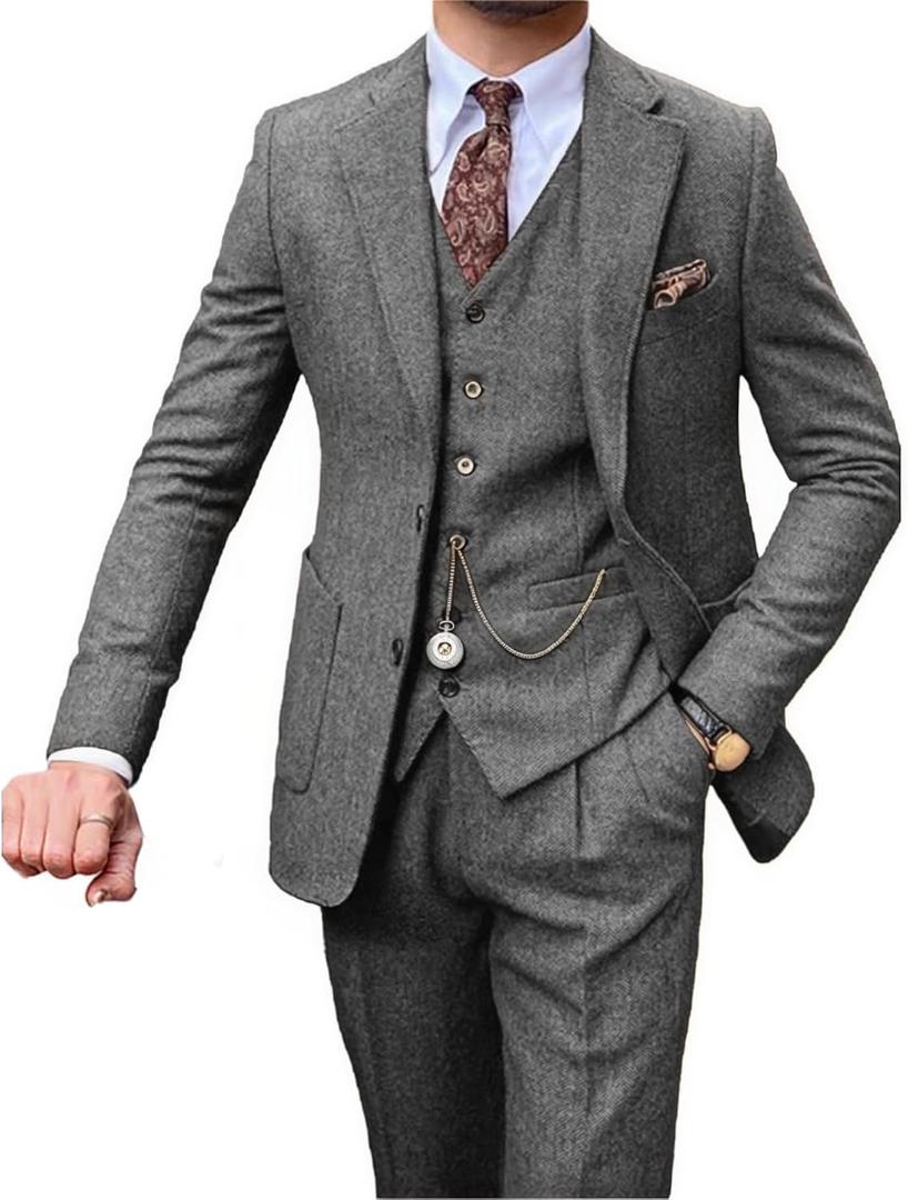 Retro Tweed 3 Piece Men's Suit,Vintage Herringbone Suit for Men's Wedding Prom Business Formal Casual Blazer Vest Pants Set (Medium, Grey)