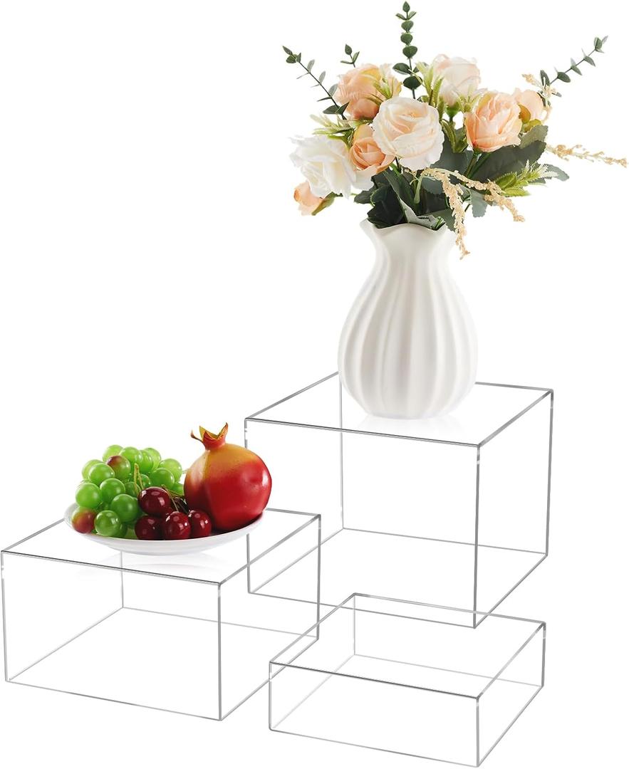 3Pcs Clear Acrylic Risers Display Stand, Buffet Risers with Hollow Bottom, Acrylic Cube Box for Figures Jewelry Perfume Handbag Food Dessert Party Show Christmas Decor(Clear-3pcs)