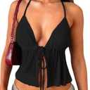 Women's Y2K Cute Summer Leopard Print Halter Top Sexy Tie Front Backless Ruffle Beach Crop Going Out Tops for Women Size XS