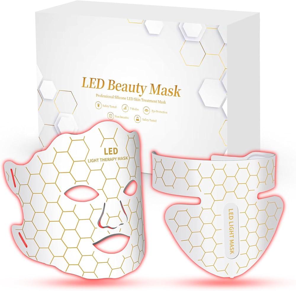 Yahi Red Light Photon Facial & Neck Mask with Remote Control, 7 Custom Modes with Infrared, Portable & Rechargeable with Timer for Home Use, 175 HighDensity Light Beads, White