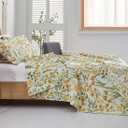 Summer Floral Quilt Full/Queen Size Lightweight Yellow Green Blossom Bedspread Flowers Leaves Botanical Coverlet Set Light Thin Soft Plant Bed Cover Garden Bedding Daybed Cover Home Decor