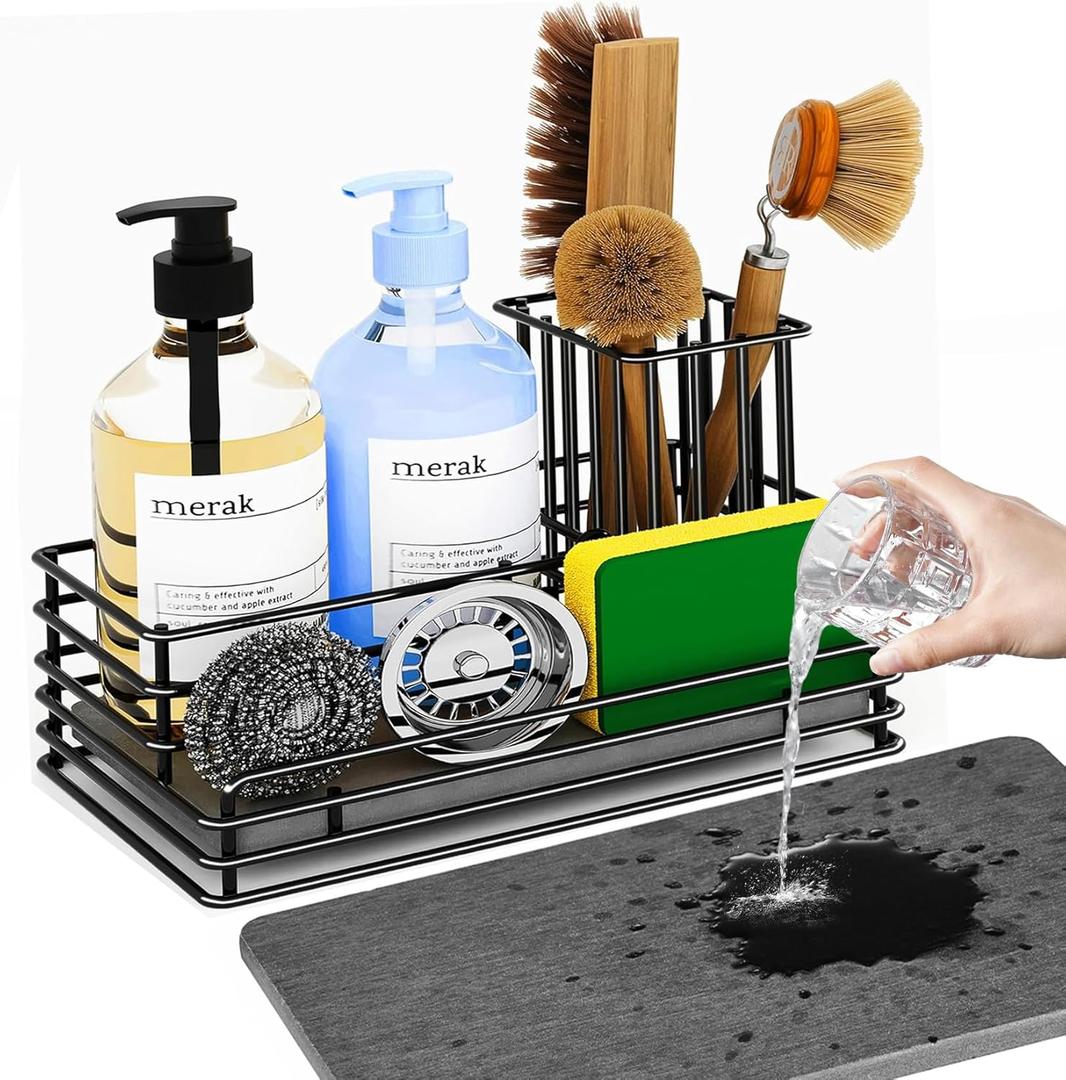 Yofidra Kitchen Sink Caddy: Sink Sponge with Instant Drying Stone, Metal Stainless Steel Dish Sponge Holder Basket for Sponges, Scrubbers, Soap, 9.5" X 5.5" X 5.7" Home Decor Storage and Organization (Black)