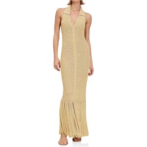Saodimallsu Womens Halter Crochet Cover Up Fringe Sexy Backless Sleeveless V Neck Collared Vacation Beach Maxi Dress (Small, Khaki)