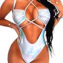 ShawGobow Cutout One Piece Swimsuit,Plunge High Cut Thong Sexy Monokini Bodysuit,Rave Outfit for Women Festival Pool Party L