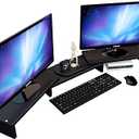 Computer Monitor Stand Riser for 2, Dual, Double, 3, Triple, Multi, Multiple Desktop Monitors with Adjustable Length & Angle, Laptop Corner Stands Lift Organizer, Long Wood Black Shelf Desk Storage
