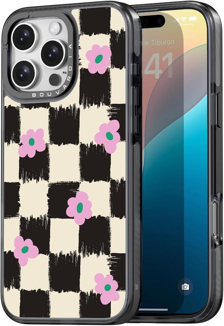Bouvardia for iPhone 16 Pro Max Case, Cute Design for Women & Girls, Protective & Aesthetic, Checkered & Flowers
