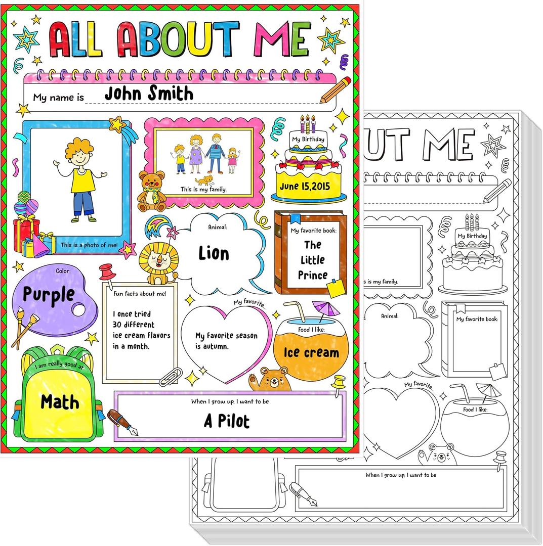 36 All About Me Posters, DIY Coloring Ready-To-Decorate And Fill In Posters, Student Self-Introduction Paper for School, Classroom, Great Way To Learn About Classmates Elementary Classroom Supplies
