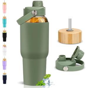PROBTTL Glass Water Bottles 32 oz, 1 Liter Glass Tumbler, Borosilicate Water Bottle with Straw, Silicone Sleeve, 2 Lids - Handle Spout & Bamboo Straw Lid, Fits Car Cup Holder (Olive)