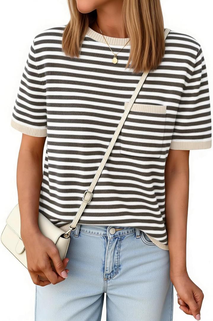 Aprolive Short Sleeve Sweater for Women Striped Knit Pullover Top with Chest Pocket Loose Fit T Shirt for Summer Business Casual Work(1-Apricot Grey, Medium)
