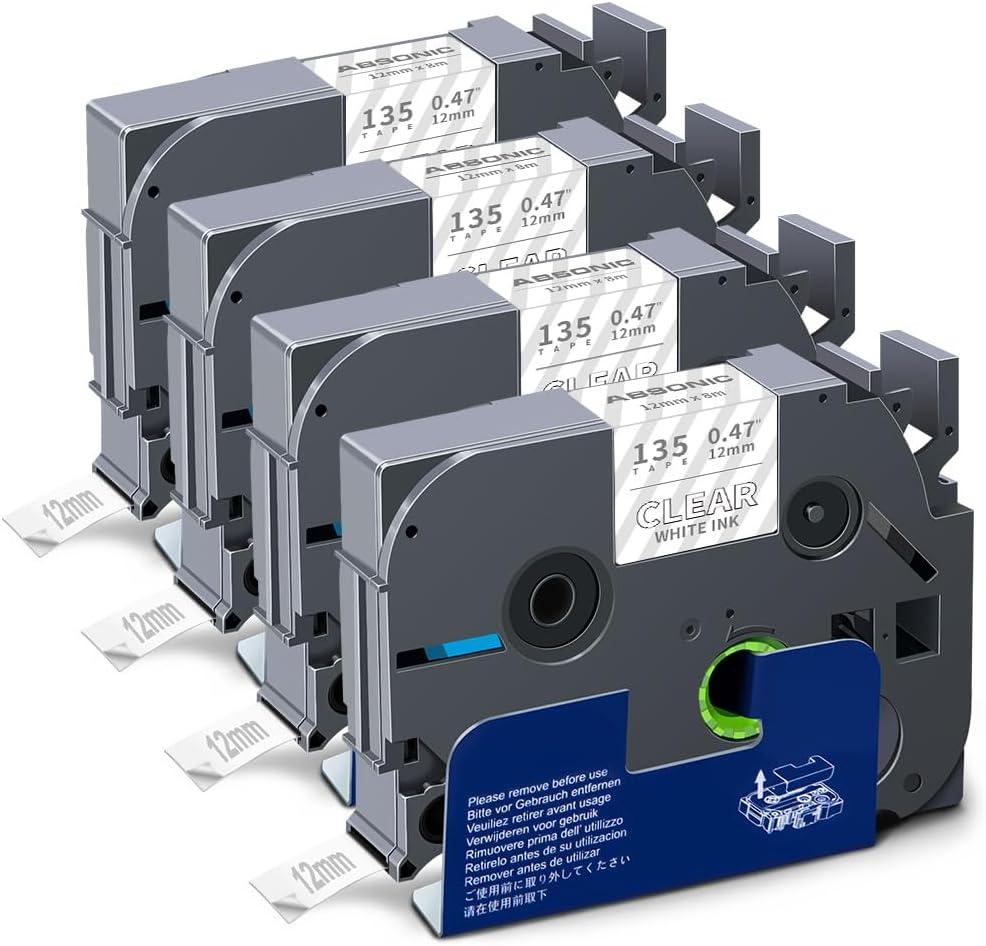 Absonic Tze135 White on Clear Tz Label Tape Compatible for Brother Tze-135 Tz-135 P Touch Tze Label Tape 12mm 0.47" Laminated Refill for Ptouch PTD220 PTD410 PTD200 PTD210 PTH110 Label Maker, 4-Pack