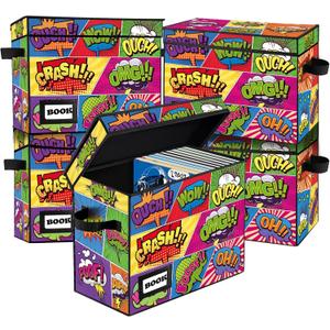 5 Pack Collection Comic Book Storage Boxes, Protector Organizer 15.8" X 7.8" X 11.8" Collapsible Short Box Holds 160-180 Comic Book Heavy Duty Bin Container Holder Shelf (Cartoon Colorful)