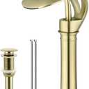 Elegant Bathroom Sink Faucet Single Hole,AUU Waterfall Brushed Gold Vessel Sink Faucet Solid Brass,Single Handle Tall Bowl Sink Faucet with Pop Up Drian Supply Line (Brushed Gold, Tall)