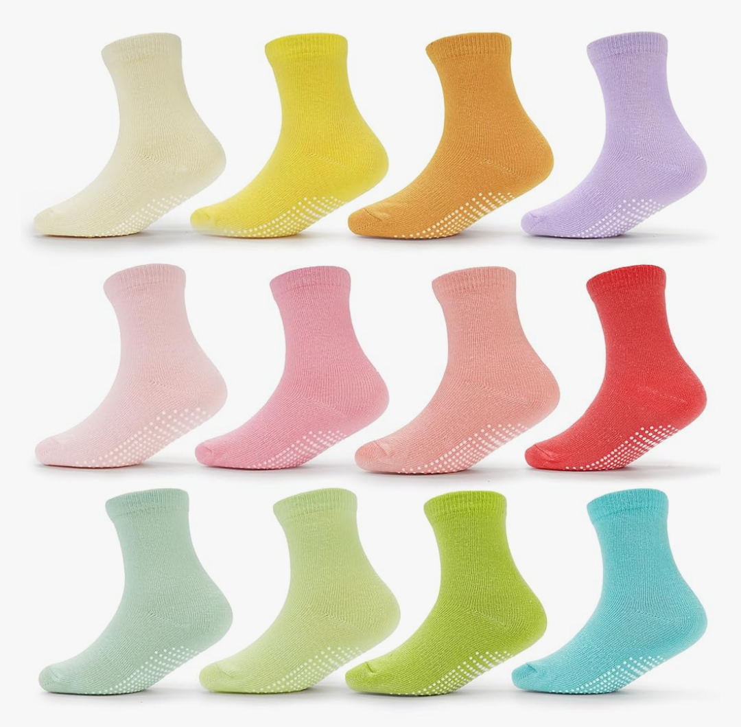 CozyWay Non-Slip Ankle or Crew Grip Toddler Socks, 12 Pack for Boys & Girls, Colorful, 1-3 Years Old