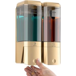 Shampoo and Conditioner Dispenser,Shower Dispenser 2 Chamber No Drill Shampoo Dispenser for Shower Wall Mounted Shower Soap Dispenser for Bathroom Hotel,Large Capacity 2 * 500ML,Gold