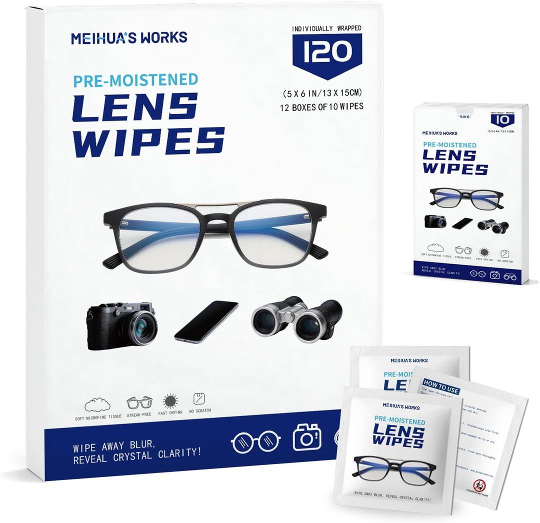 Third-Generation Lens Wipes, 120 Count, Individually Wrapped Pre-Moistened Cleaning Wipes for Eye Glasses, Camera Lens Cleaner, Streak-Free Scratch-Free Screen Cleaning for Phone, Sunglasses, Laptop