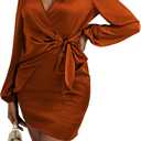 LYANER Women's Satin Silky Wrap V Neck Tie Waist Long Sleeve Mini Short Dress (Large)