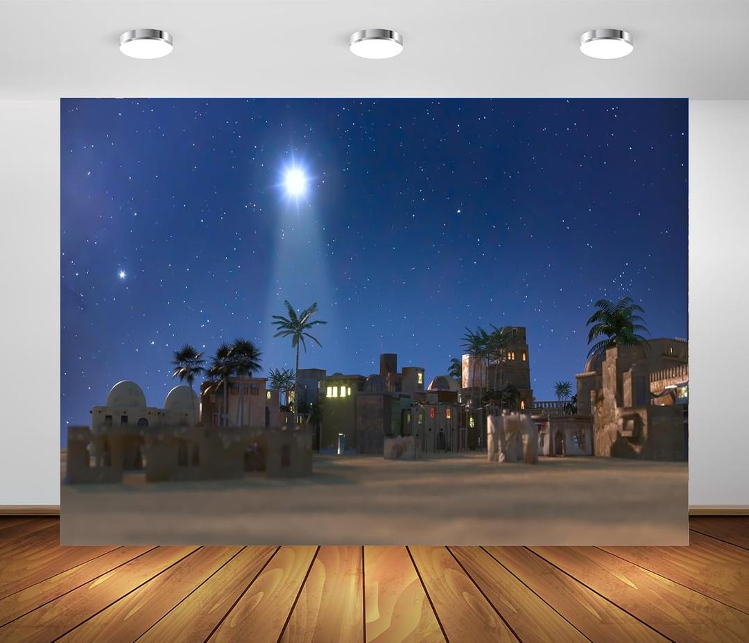BELECO 12x8 Ft Fabric Nativity Backdrop Christmas Star Night Manger Of Christmas Of Jesus Christ Bethlehem Town Village Background Star Of Bethlehem Religious Church Christmas Decoration Photo Props (A18971)
