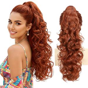 Claw Clip Ponytail Extension 24 Inch Long Wavy Curly Pony Tails Ginger Clip in Hair Extensions Synthetic Hairpieces Fluffy Natural Looking for Women (Copper red) (Brown)