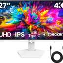 CRUA 27" 4K White Monitor, UHD(3840x2160P) IPS Panel, 60Hz Computer Monitor, Supports AMD Freesync, USB Type-C, 120% sRGB, Built-in Speakers, Wall Mountable, for Work, Streaming, and Home Office
