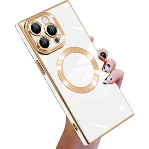KANGHAR Case Designed for iPhone 16 Pro Magnetic [Compatible with MagSafe] Luxury Cute Plating Design Case Full-Body Anti-Scratch Shockproof Bumper Protective Cover White